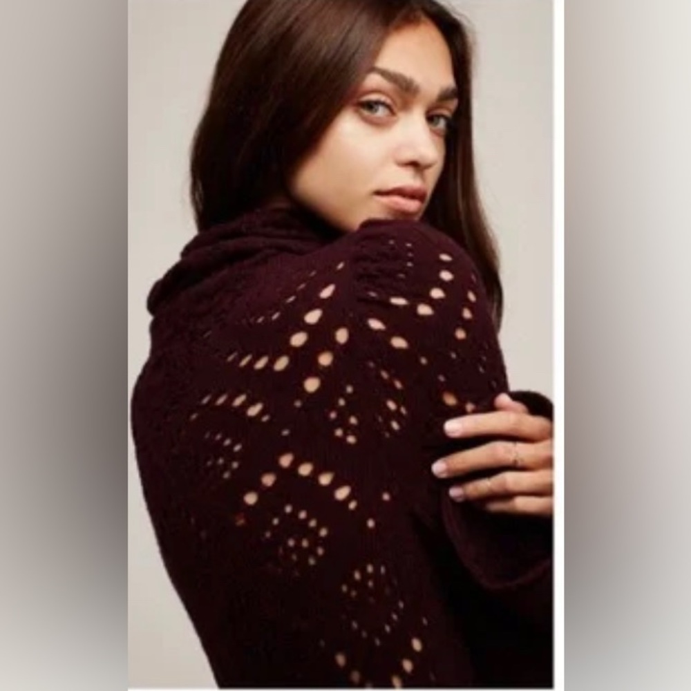 FREE PEOPLE Women’s Plum Turtleneck Sweater Size L Eyelet Sheer Bell Sleeves